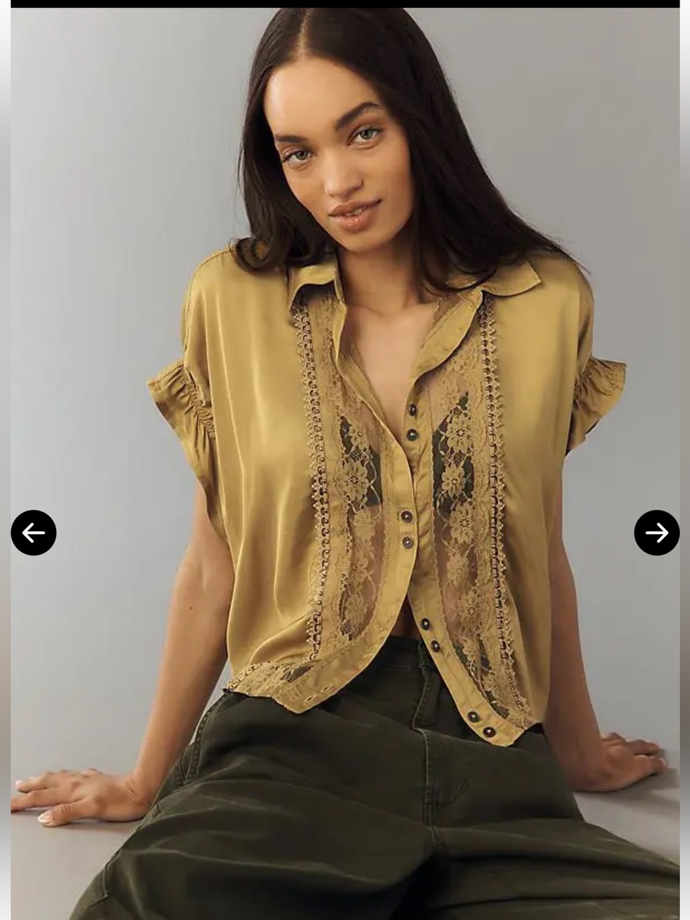 NWT PILCRO Lace Appliqué Button-Up Blouse - Dried Moss